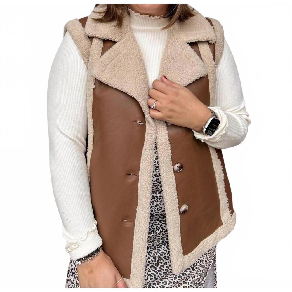 NEW SHE + SKY faux leather shearling vest in brown